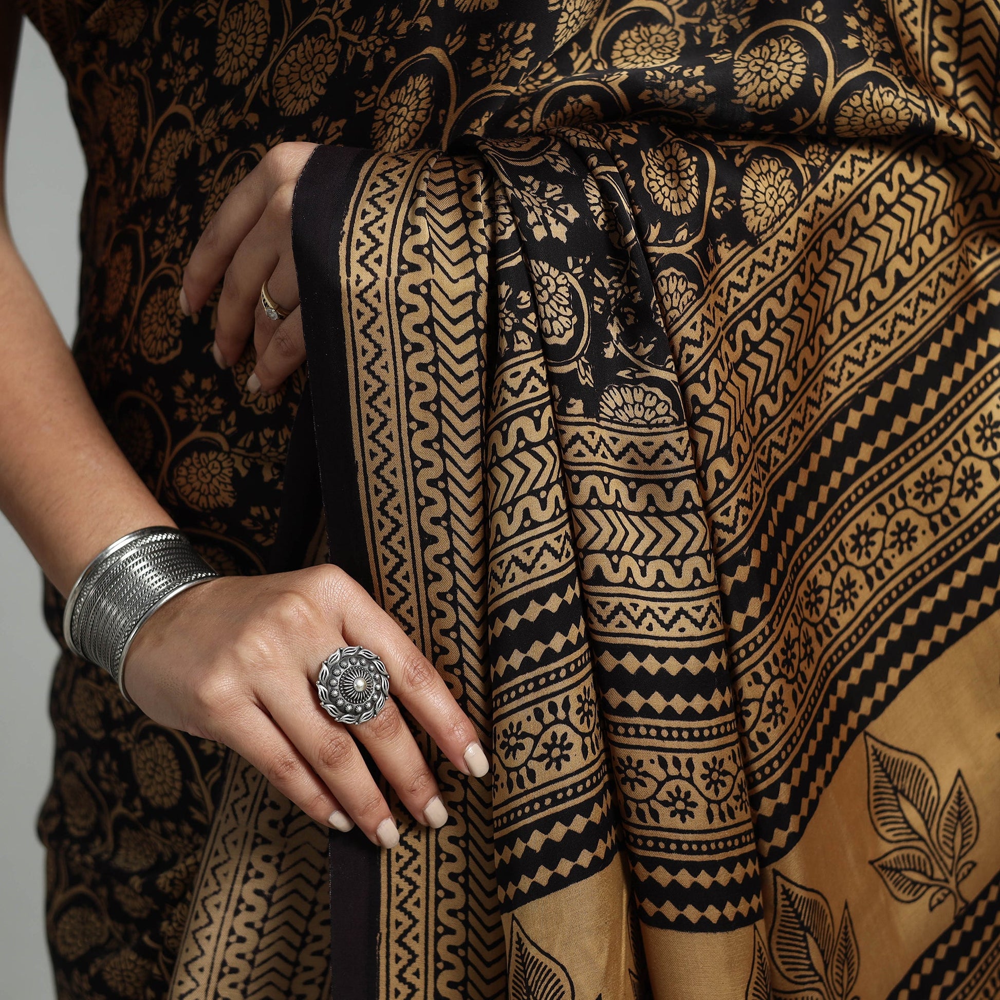 Black - Hand Block Printed Modal Silk Bagh Saree 01