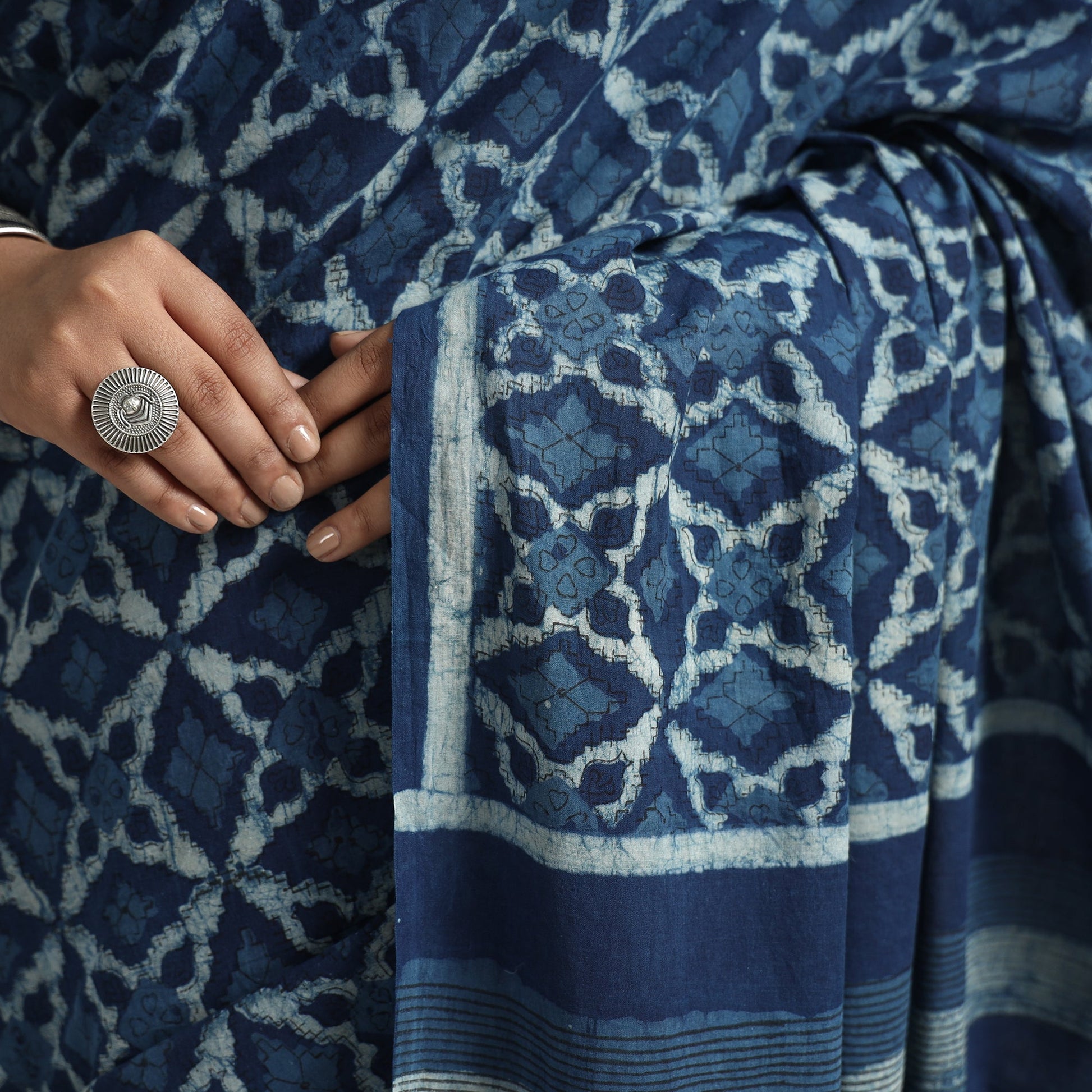 Blue - Akola Hand Block Printed Cotton Saree