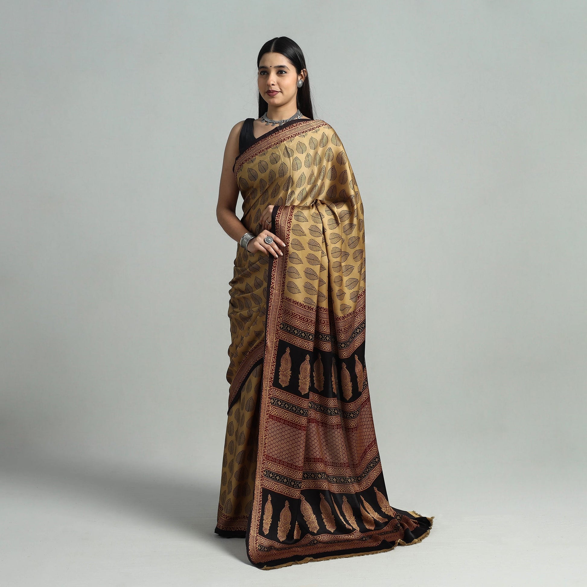 Brown - Hand Block Printed Modal Silk Bagh Saree 03