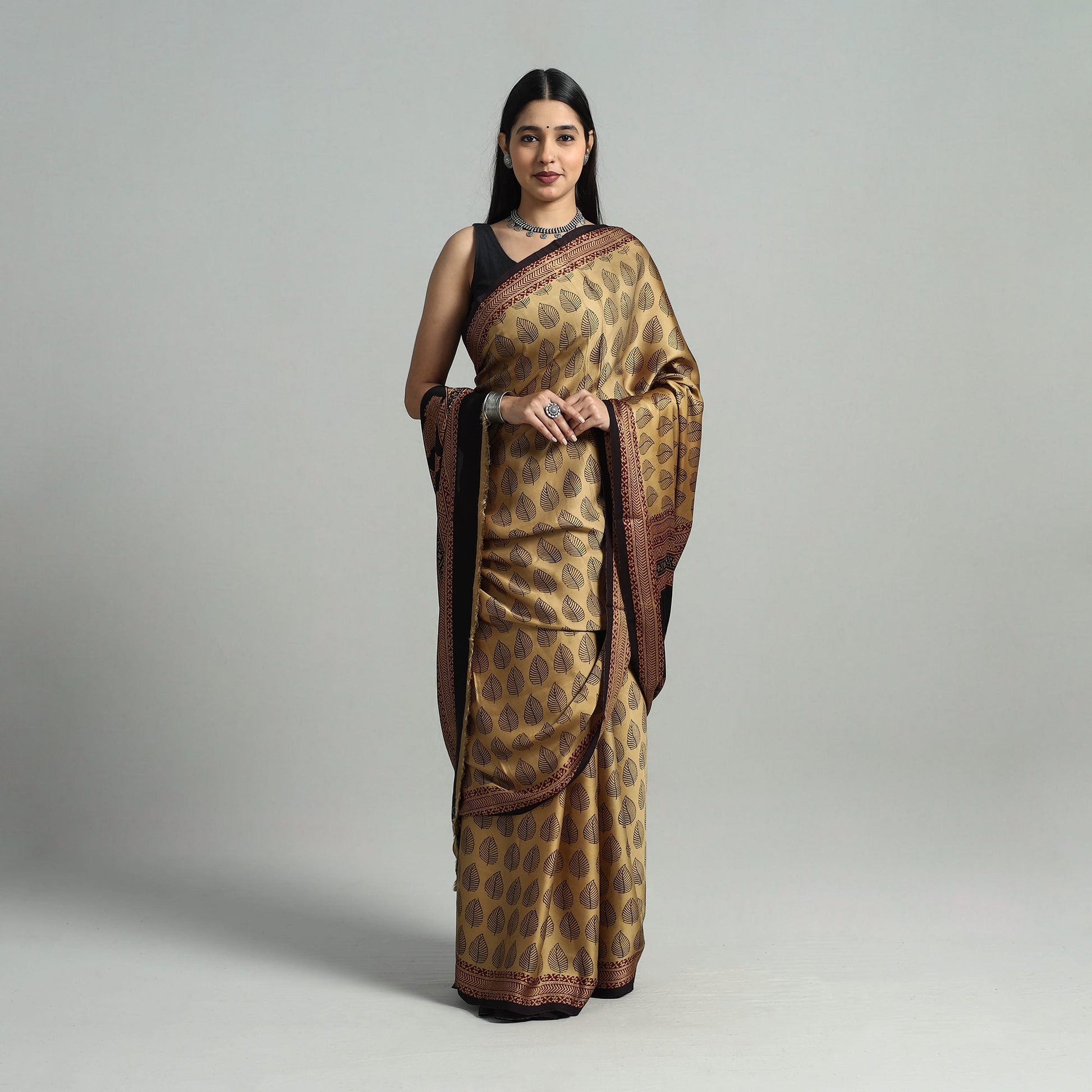 Brown - Hand Block Printed Modal Silk Bagh Saree 03