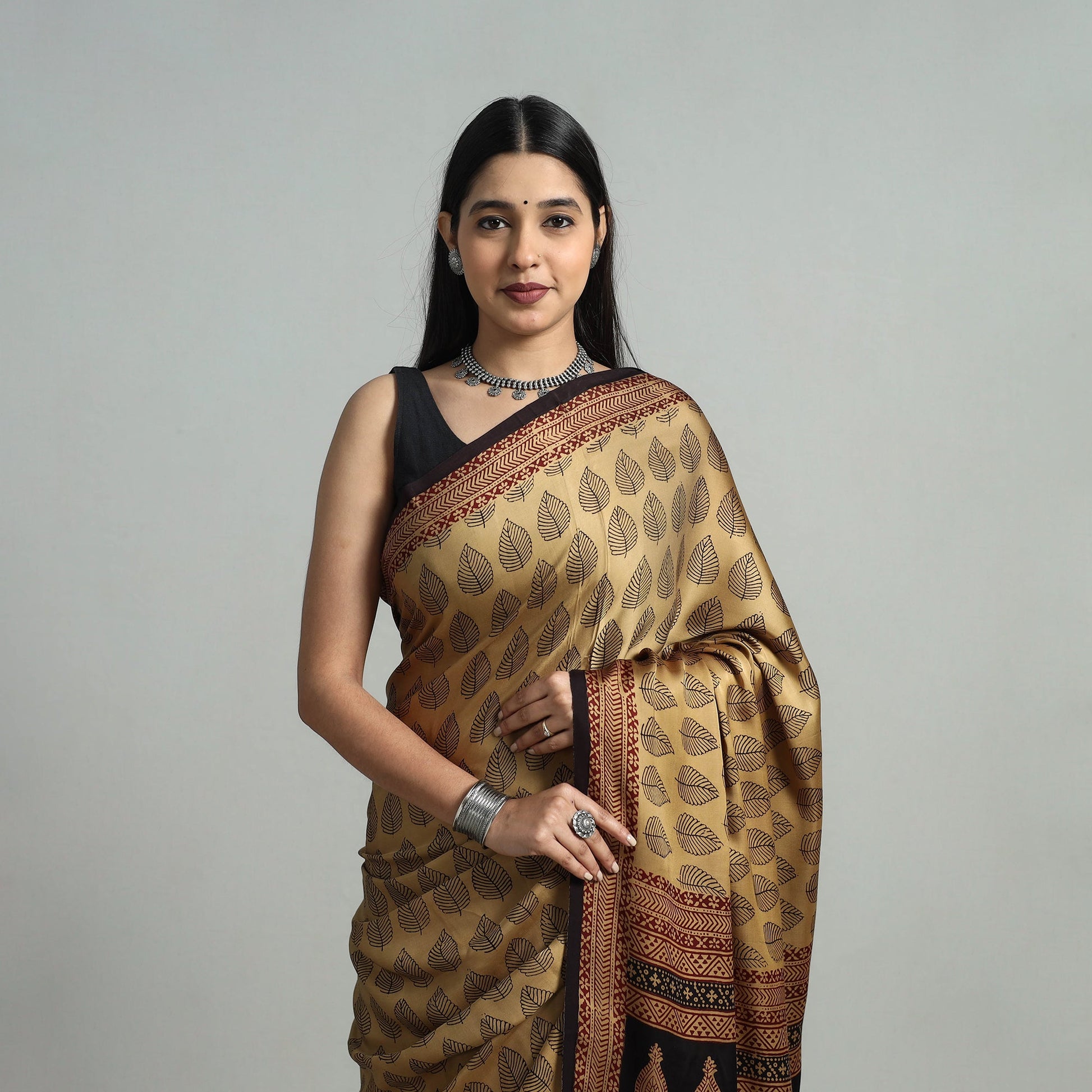 Brown - Hand Block Printed Modal Silk Bagh Saree 03