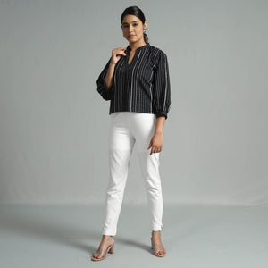 Black - Jacquard Full Sleeve Cotton Crop Top