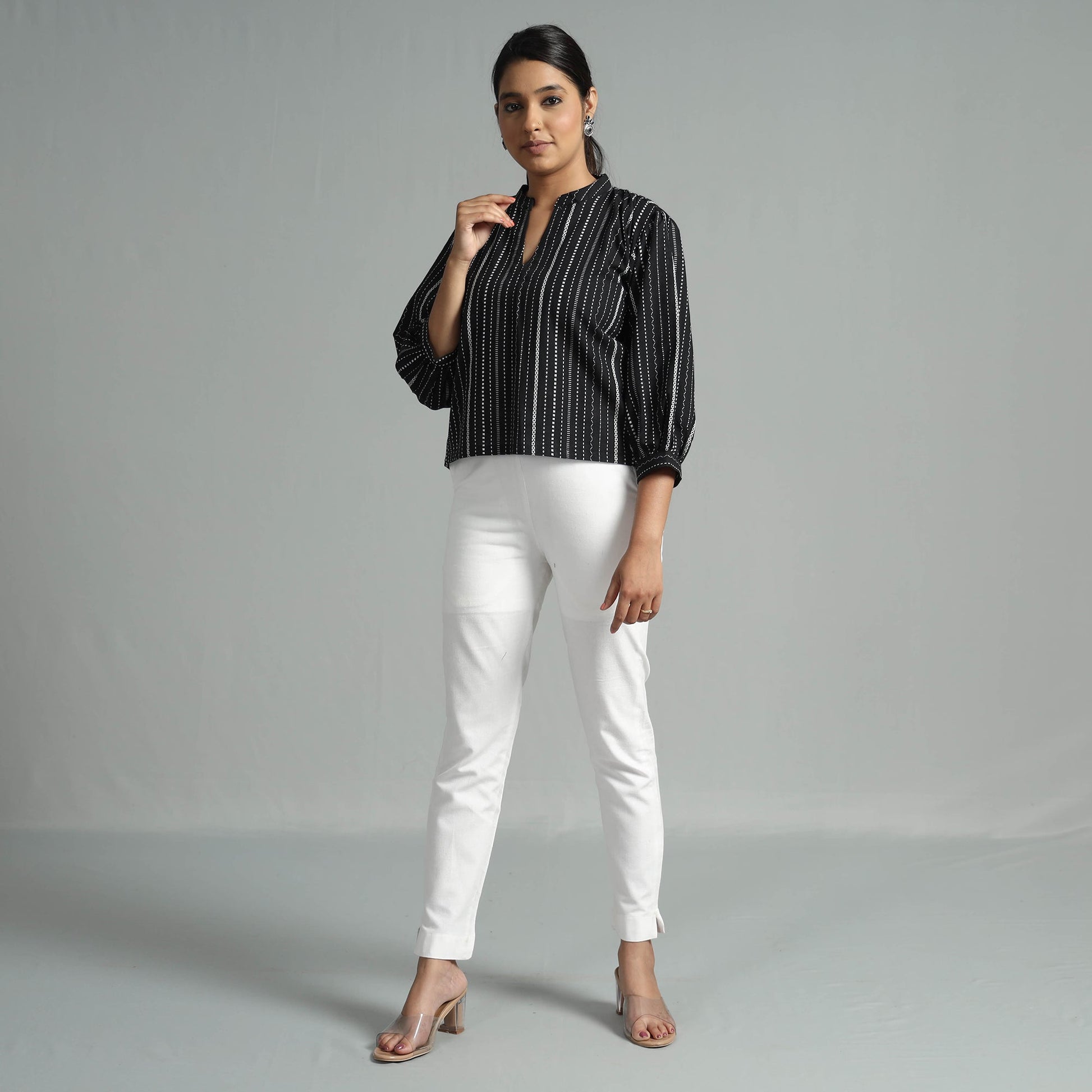 Black - Jacquard Full Sleeve Cotton Crop Top