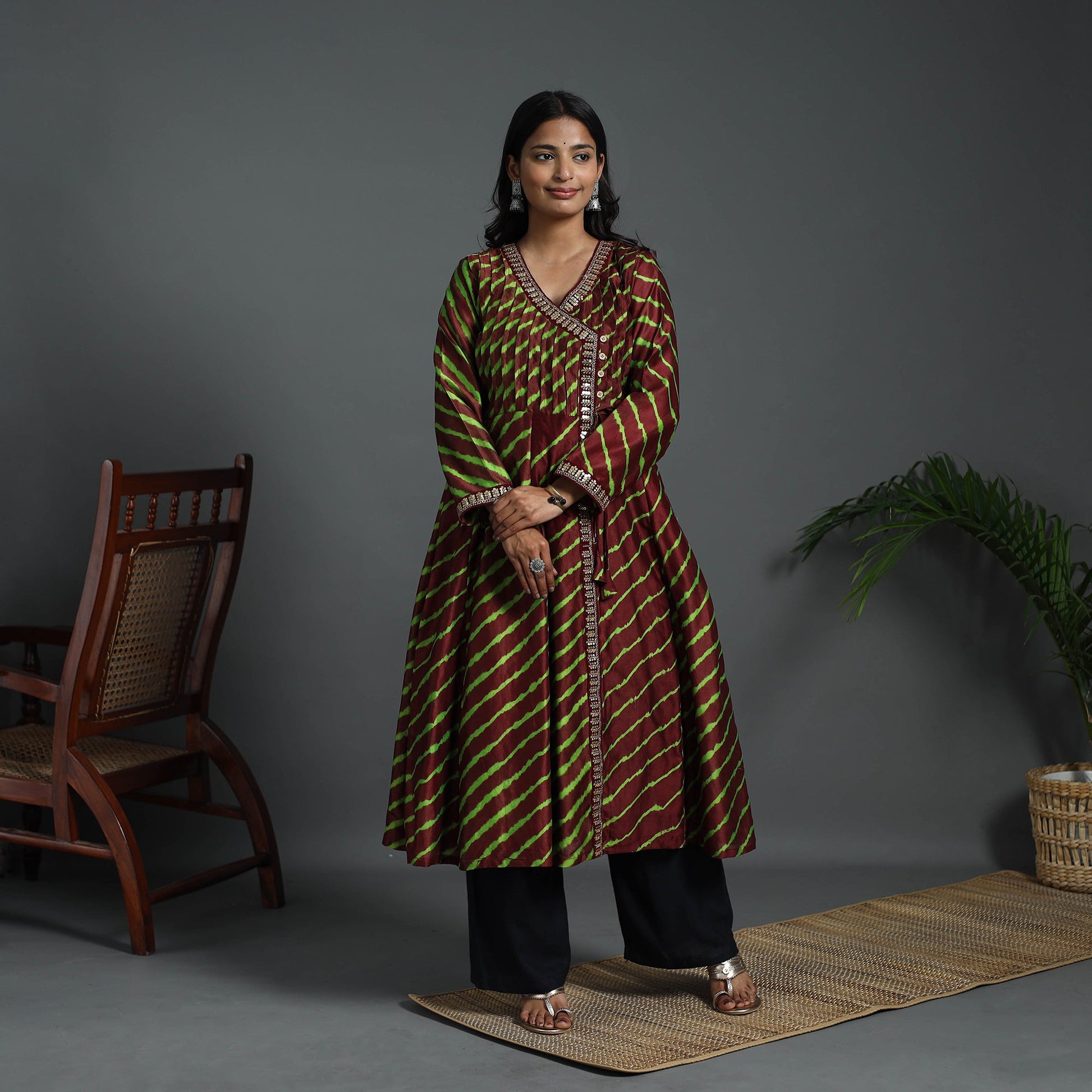 Brown - Angrakha Handloom Chanderi Silk Tie-Dye Leheriya Kurta 01
