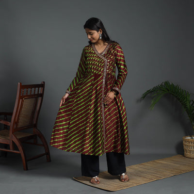 Brown - Angrakha Handloom Chanderi Silk Tie-Dye Leheriya Kurta 01