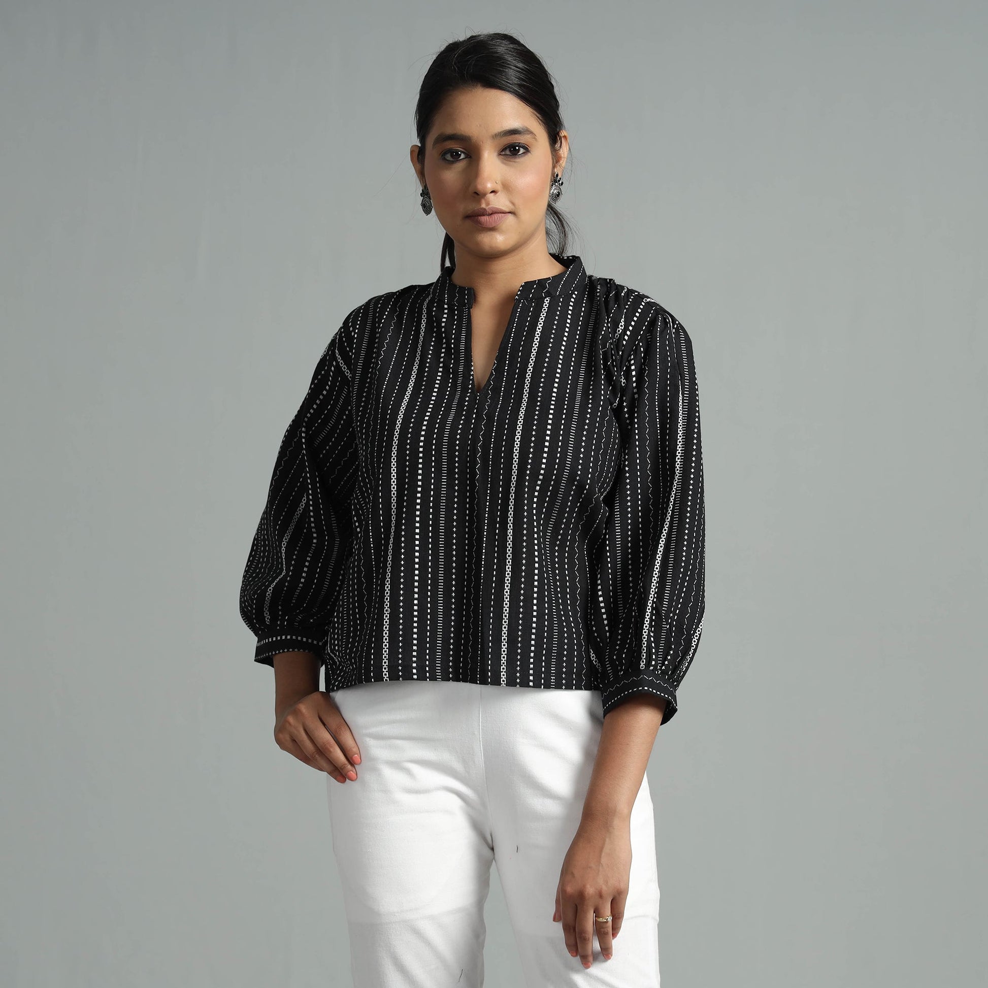 Black - Jacquard Full Sleeve Cotton Crop Top