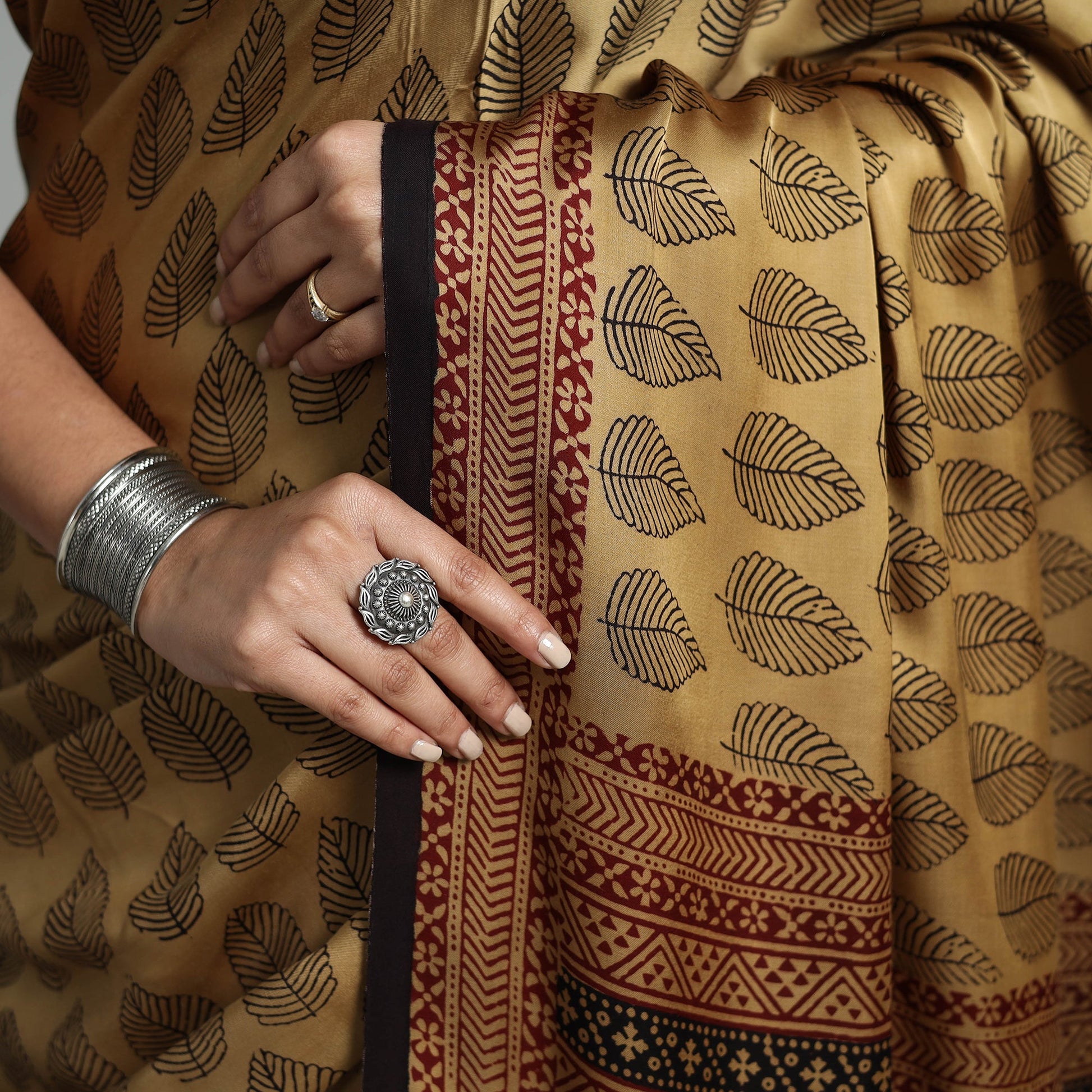 Brown - Hand Block Printed Modal Silk Bagh Saree 03