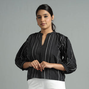 Black - Jacquard Full Sleeve Cotton Crop Top