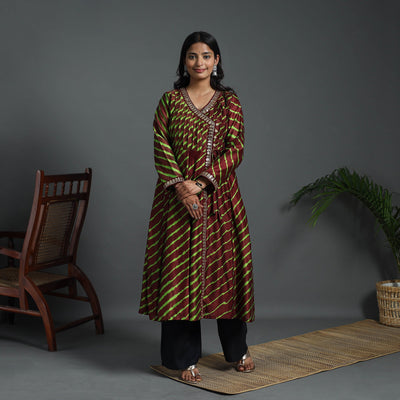 Brown - Angrakha Handloom Chanderi Silk Tie-Dye Leheriya Kurta 01