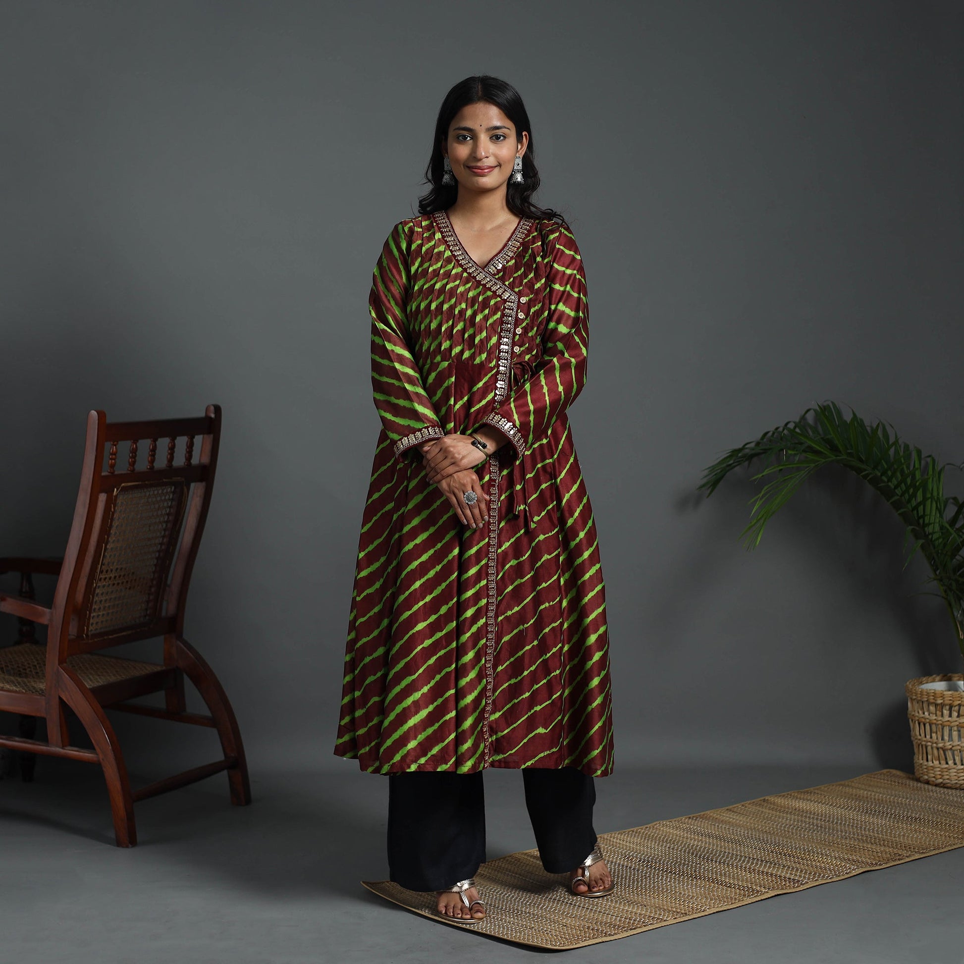 Brown - Angrakha Handloom Chanderi Silk Tie-Dye Leheriya Kurta 01