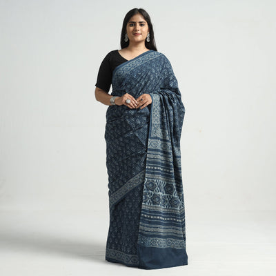 Blue - Akola Hand Block Printed Cotton Saree