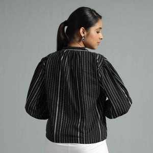 Black - Jacquard Full Sleeve Cotton Crop Top