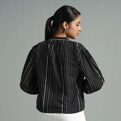 Black - Jacquard Full Sleeve Cotton Crop Top