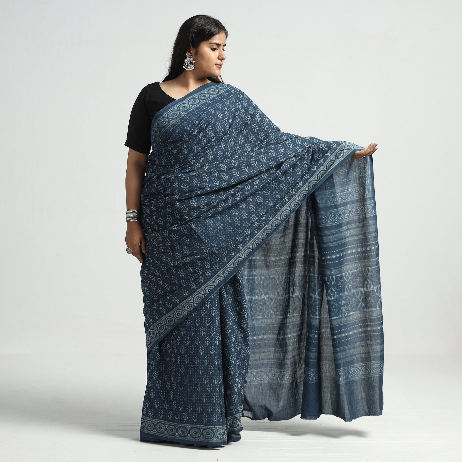 Blue - Akola Hand Block Printed Cotton Saree