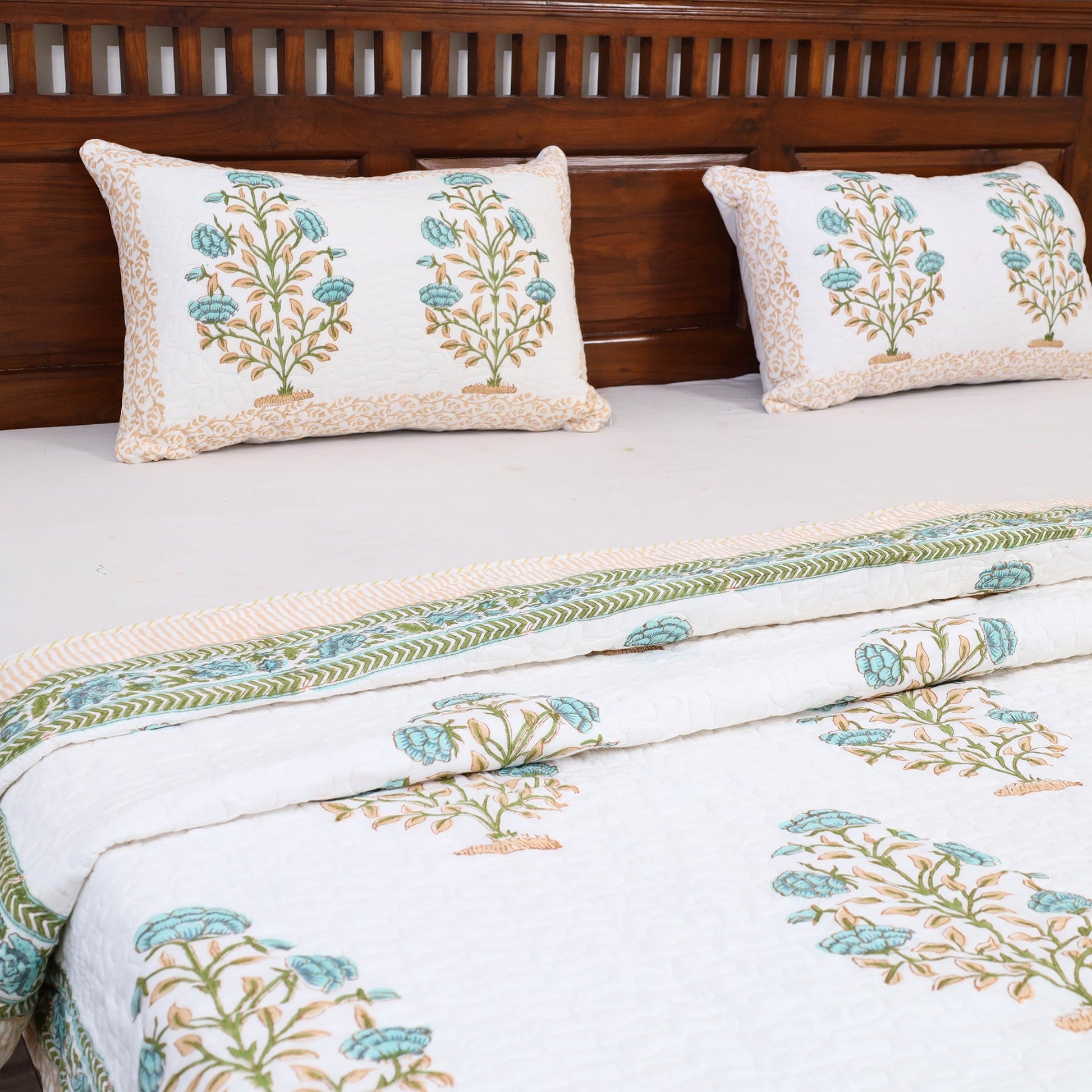 Blue - Double - Reversible Sanganeri Block Print Cotton Quilt Set 10