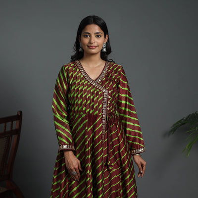 Brown - Angrakha Handloom Chanderi Silk Tie-Dye Leheriya Kurta 01