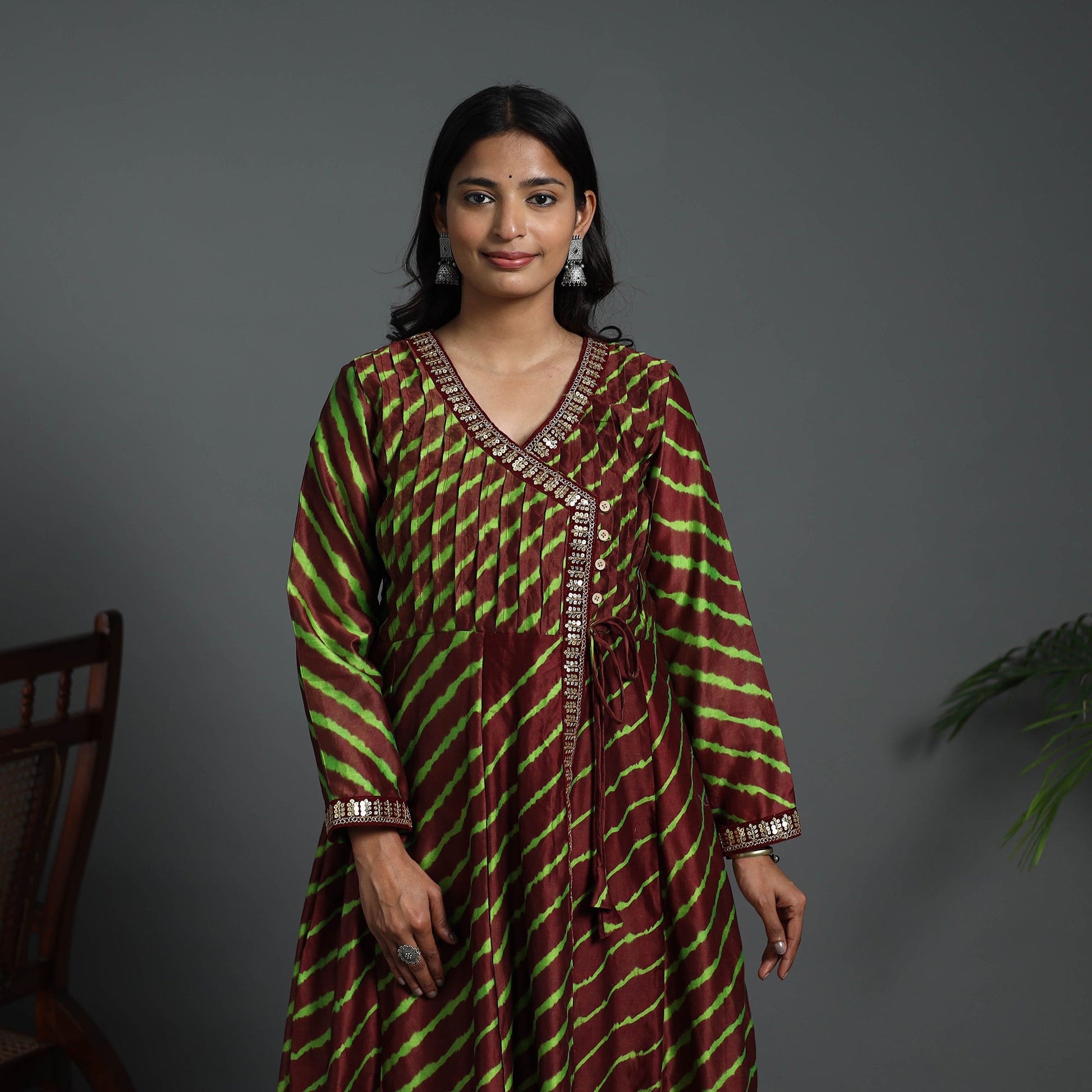 Brown - Angrakha Handloom Chanderi Silk Tie-Dye Leheriya Kurta 01
