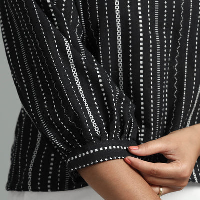 Black - Jacquard Full Sleeve Cotton Crop Top