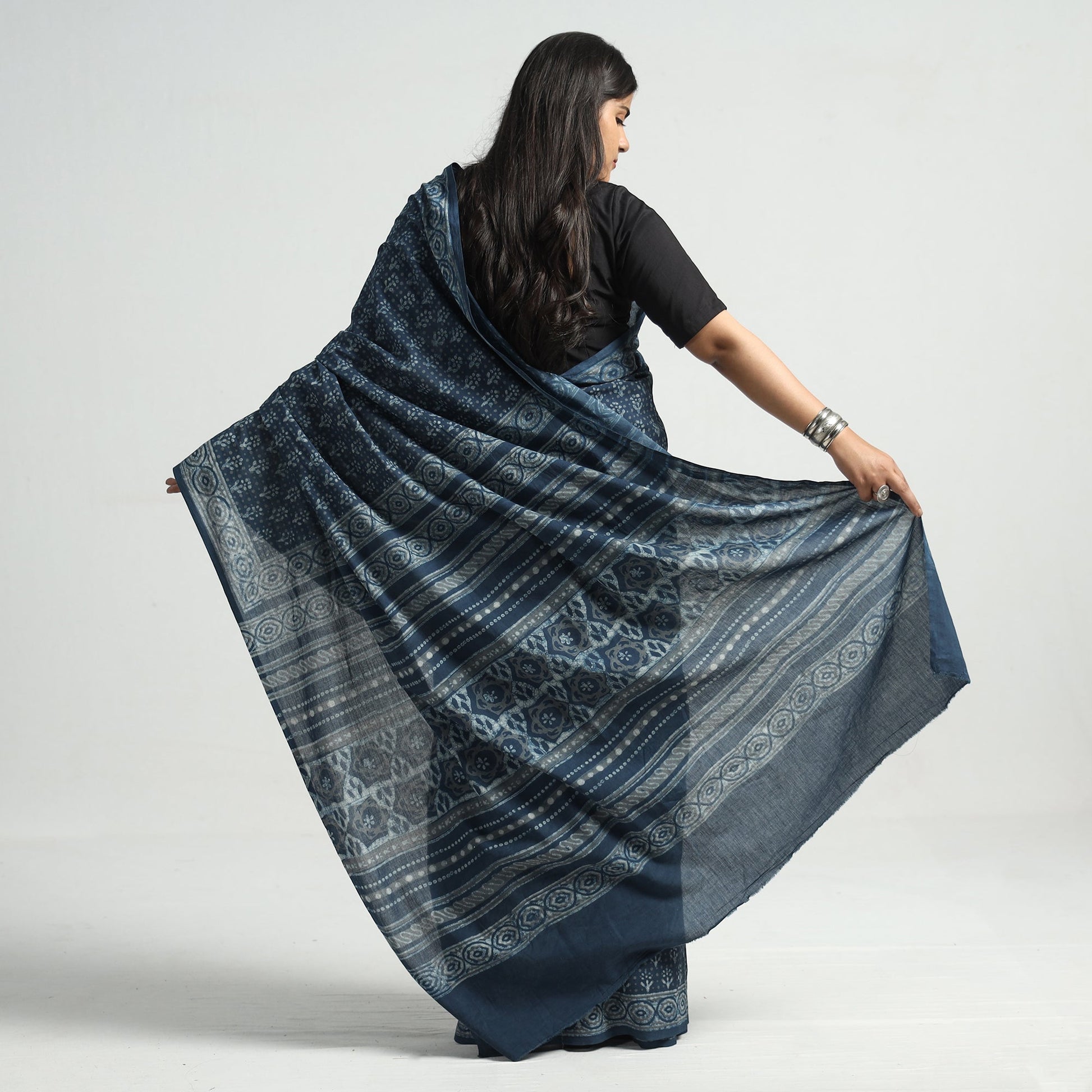 Blue - Akola Hand Block Printed Cotton Saree