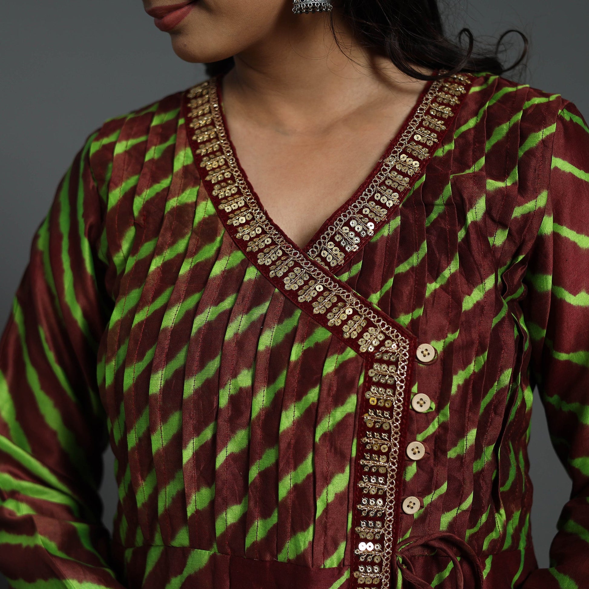Brown - Angrakha Handloom Chanderi Silk Tie-Dye Leheriya Kurta 01