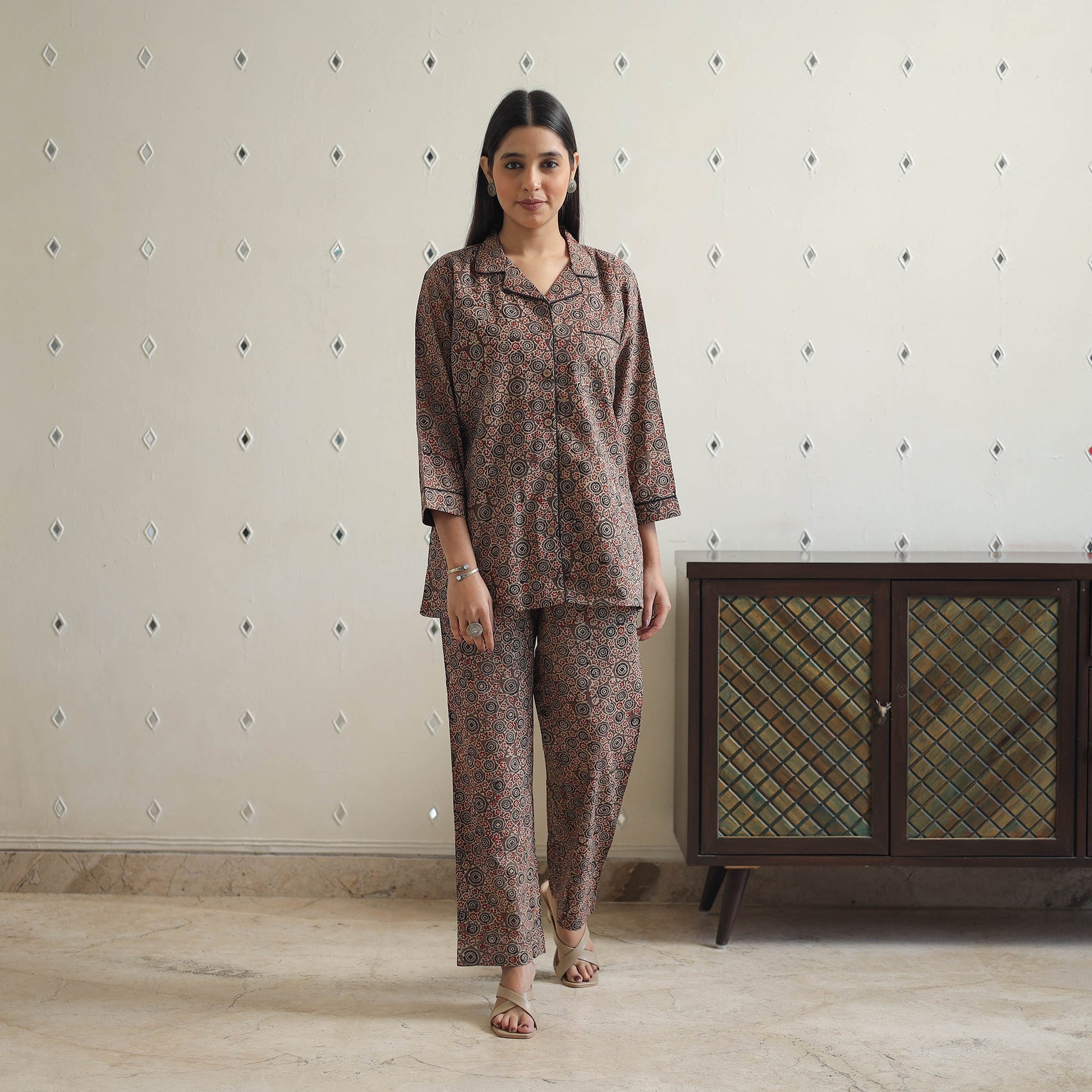 Brown - Block Printed Cotton Ajrakh Night Suit Set 16