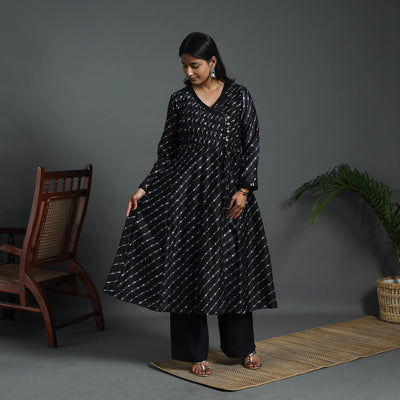 Black - Angrakha Handloom Chanderi Silk Tie-Dye Leheriya Kurta 02