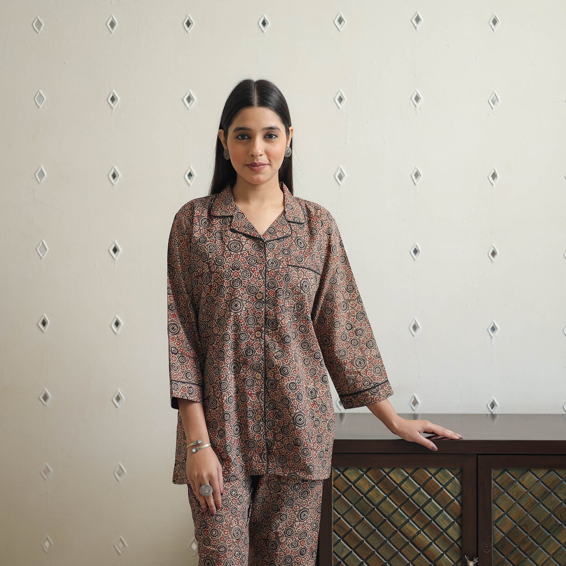 Brown - Block Printed Cotton Ajrakh Night Suit Set 16