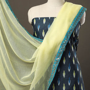 Blue - 3pc Cotton Pochampally Ikat Kurta with Plain Dupatta 04