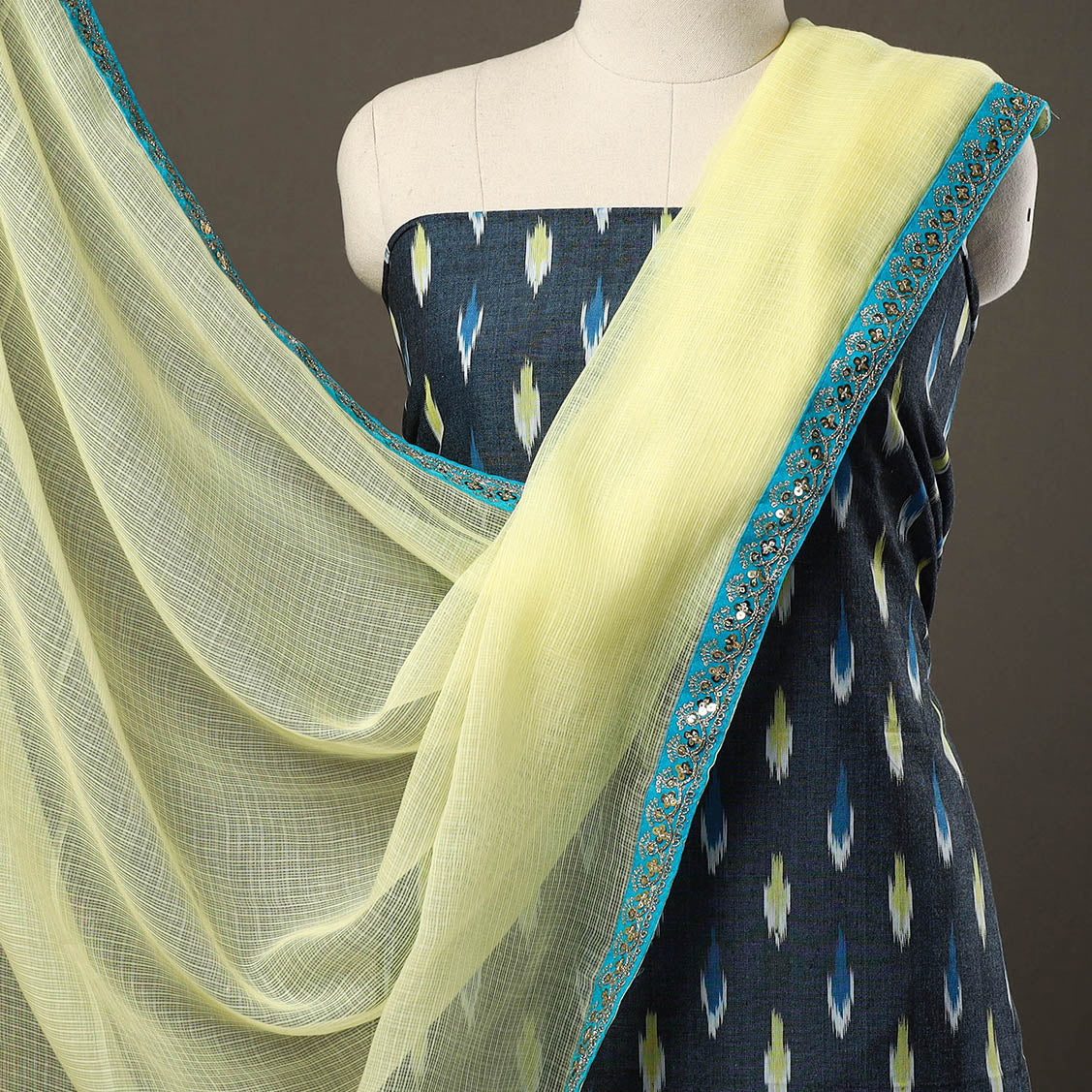 Blue - 3pc Cotton Pochampally Ikat Kurta with Plain Dupatta 04