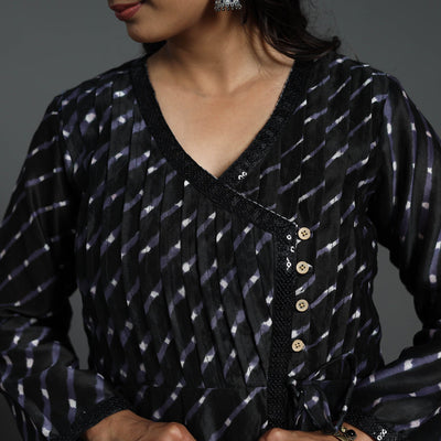 Black - Angrakha Handloom Chanderi Silk Tie-Dye Leheriya Kurta 02