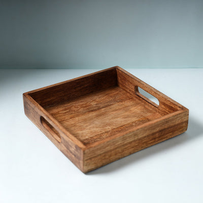 Brown - Hand Carved Natural Neem Wooden Tray (10 x 10 in)