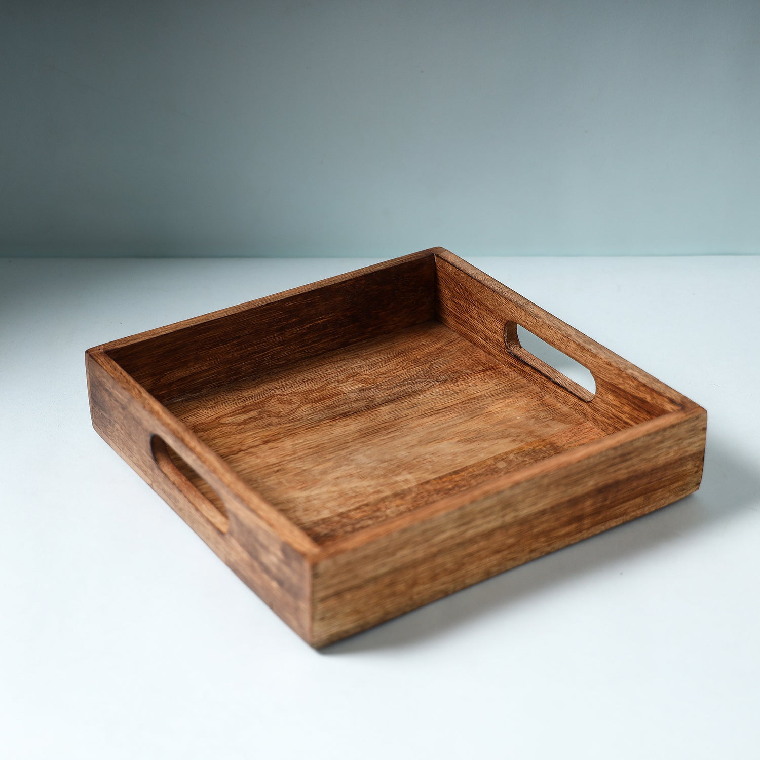 Brown - Hand Carved Natural Neem Wooden Tray (10 x 10 in)