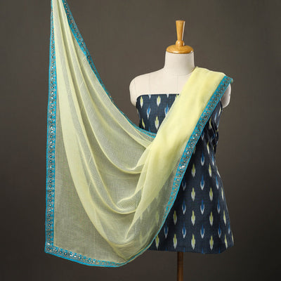Blue - 3pc Cotton Pochampally Ikat Kurta with Plain Dupatta 04