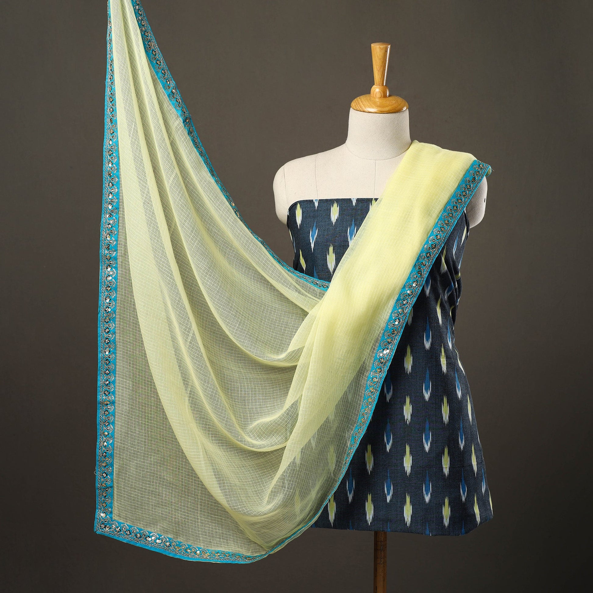 Blue - 3pc Cotton Pochampally Ikat Kurta with Plain Dupatta 04