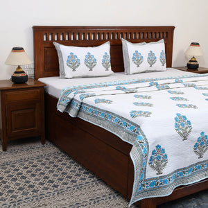 Blue - Double - Reversible Sanganeri Block Print Cotton Quilt Set 12