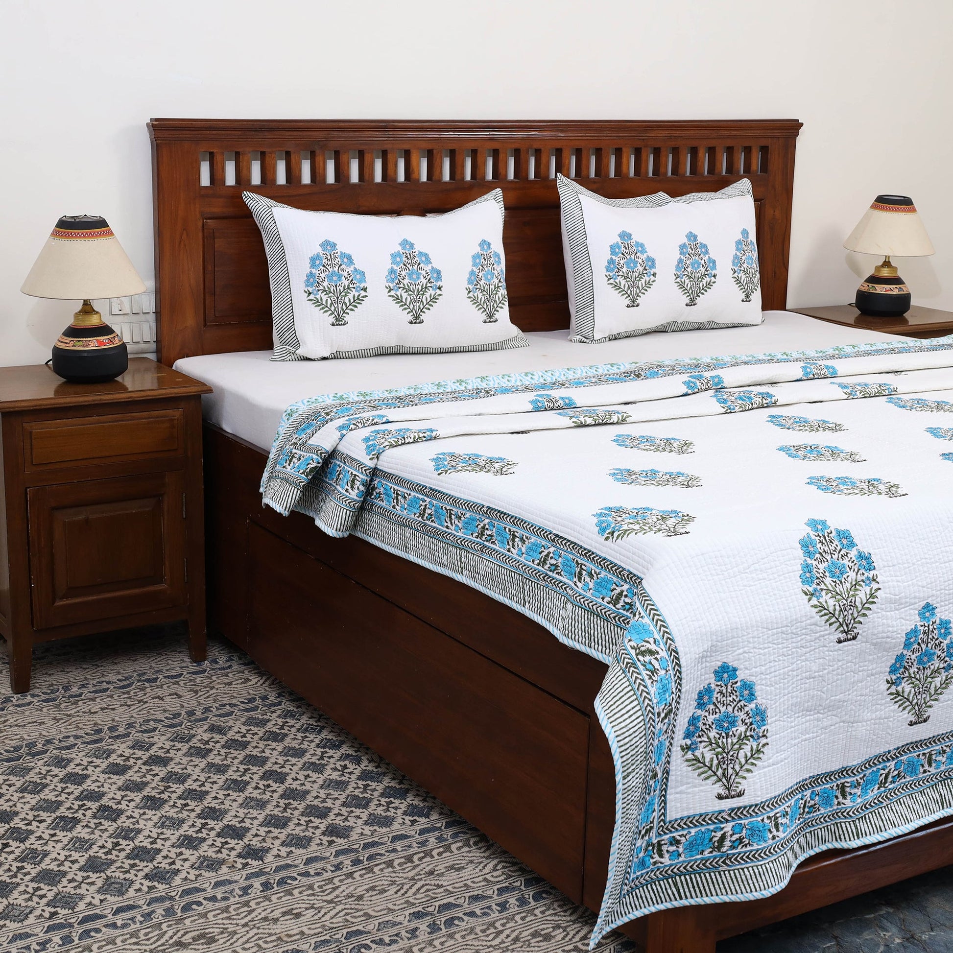 Blue - Double - Reversible Sanganeri Block Print Cotton Quilt Set 12