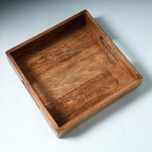 Brown - Hand Carved Natural Neem Wooden Tray (10 x 10 in)