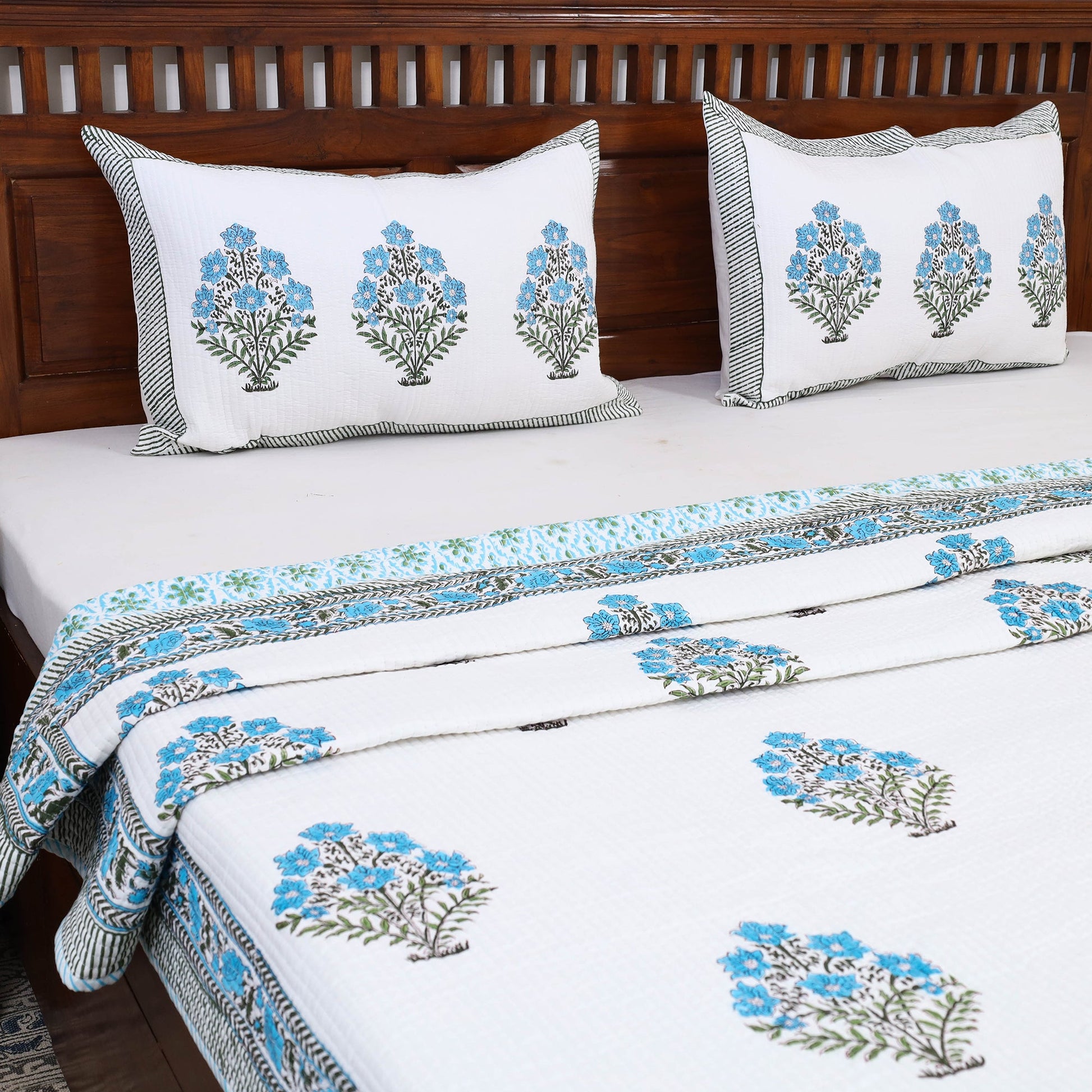 Blue - Double - Reversible Sanganeri Block Print Cotton Quilt Set 12