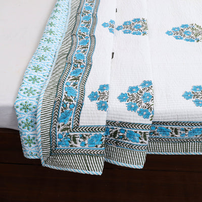 Blue - Double - Reversible Sanganeri Block Print Cotton Quilt Set 12