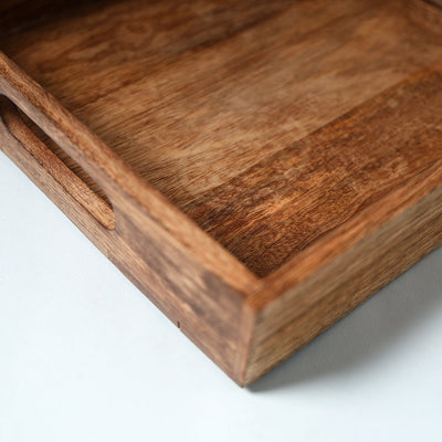 Brown - Hand Carved Natural Neem Wooden Tray (10 x 10 in)