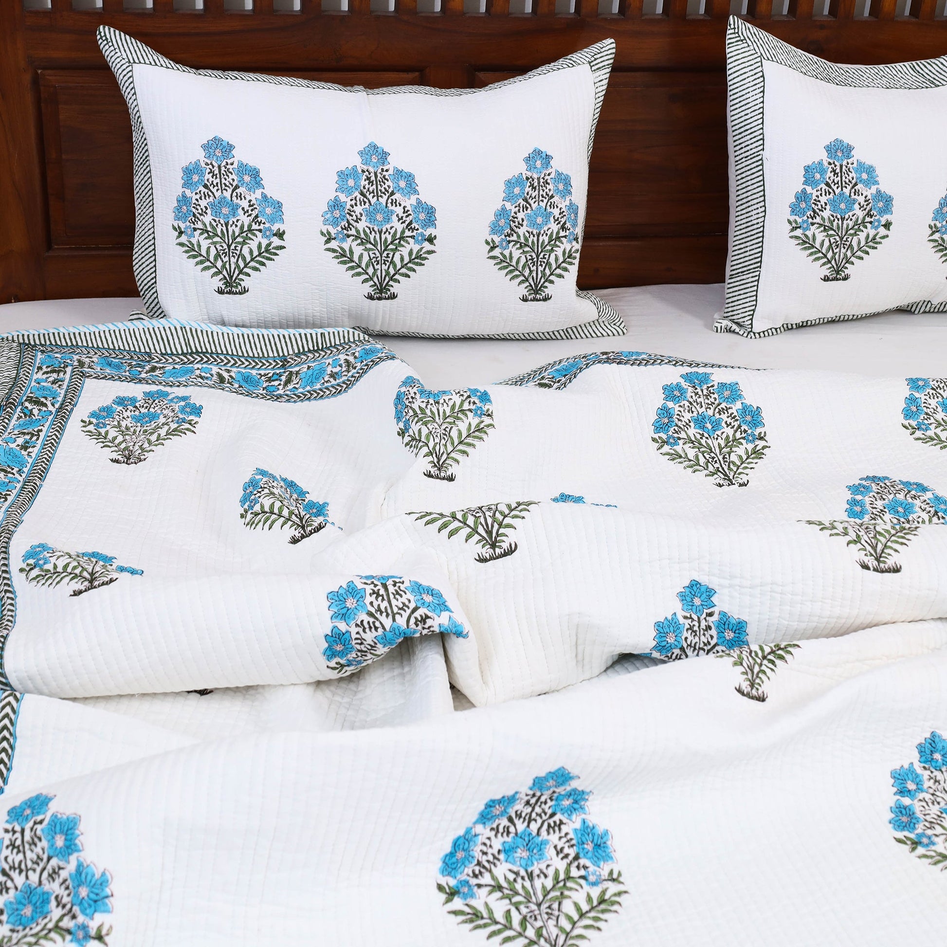 Blue - Double - Reversible Sanganeri Block Print Cotton Quilt Set 12