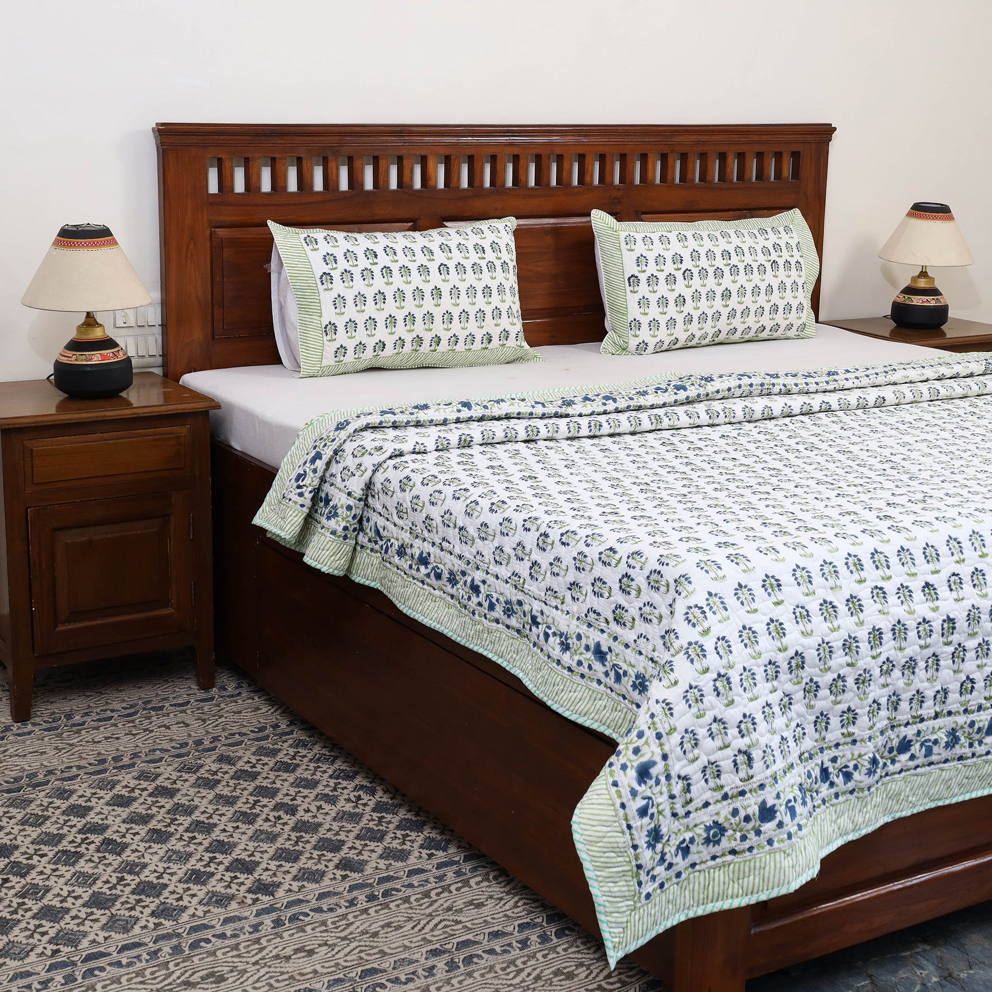 Blue - Double - Reversible Sanganeri Block Print Cotton Quilt Set 13