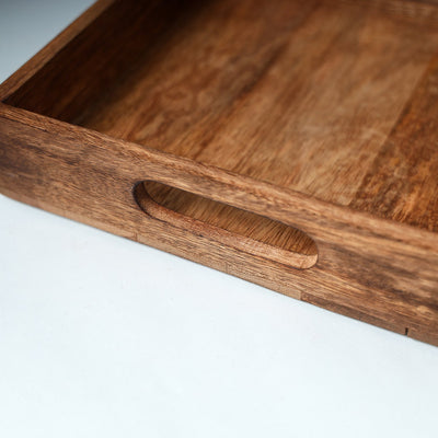 Brown - Hand Carved Natural Neem Wooden Tray (10 x 10 in)