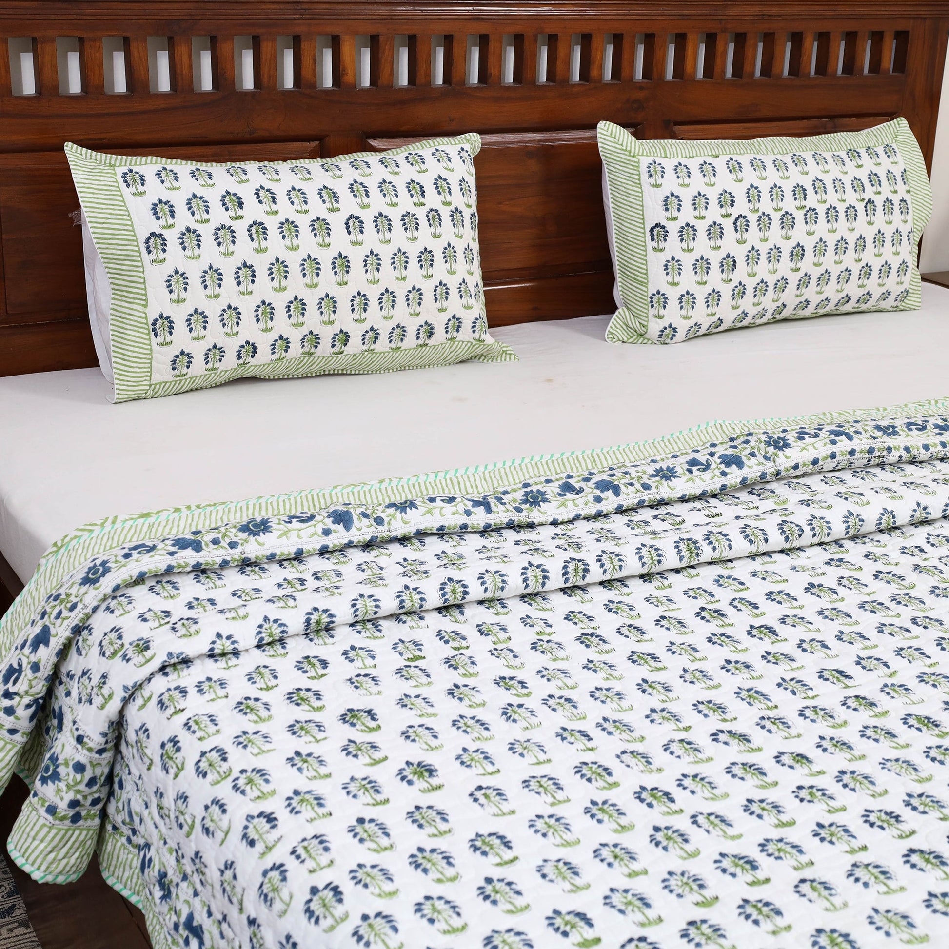 Blue - Double - Reversible Sanganeri Block Print Cotton Quilt Set 13