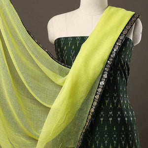 Green - 3pc Cotton Pochampally Ikat Kurta with Plain Dupatta 08