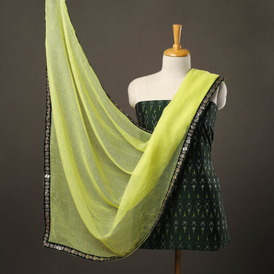 Green - 3pc Cotton Pochampally Ikat Kurta with Plain Dupatta 08