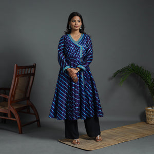 Blue - Angrakha Handloom Chanderi Silk Tie-Dye Leheriya Kurta 03