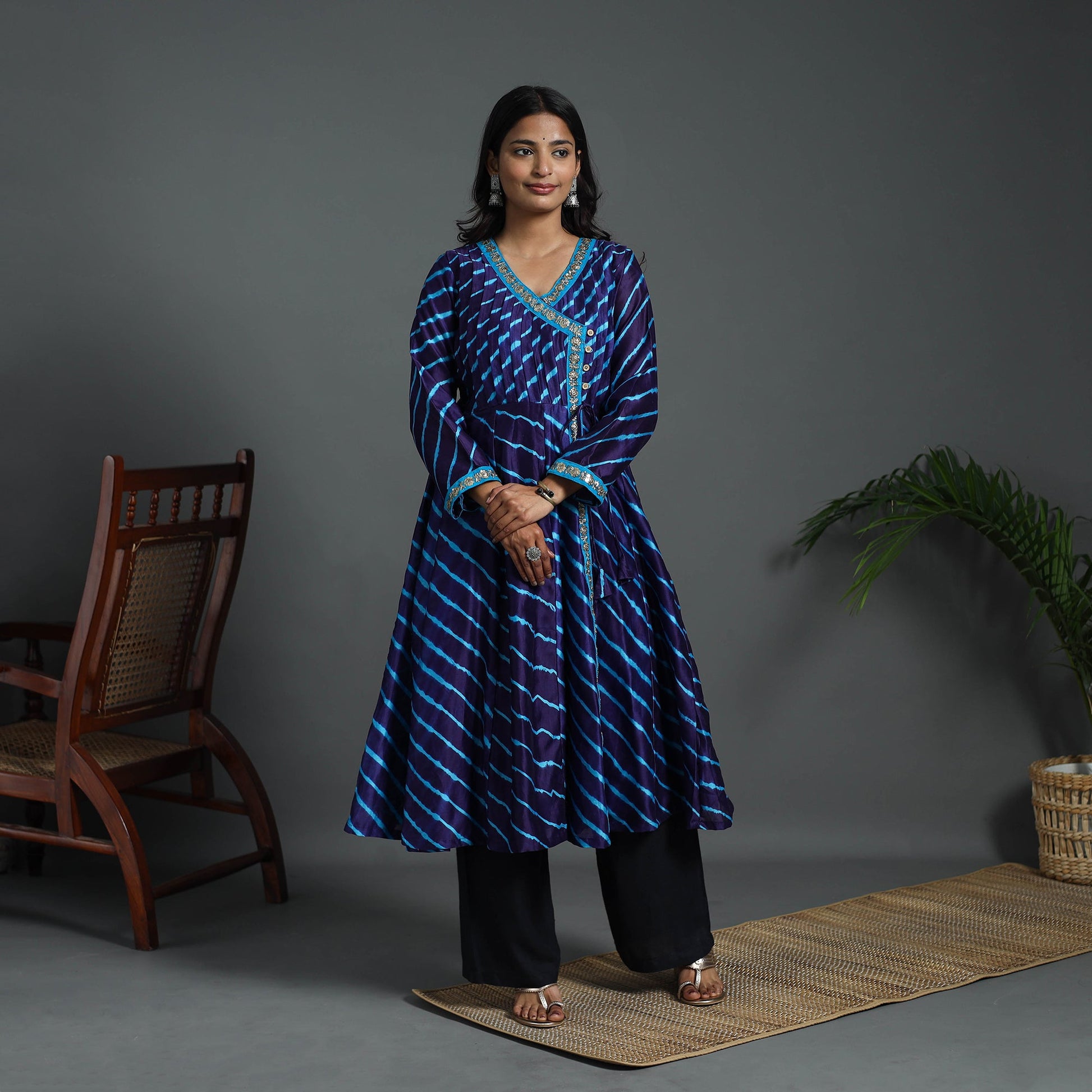 Blue - Angrakha Handloom Chanderi Silk Tie-Dye Leheriya Kurta 03