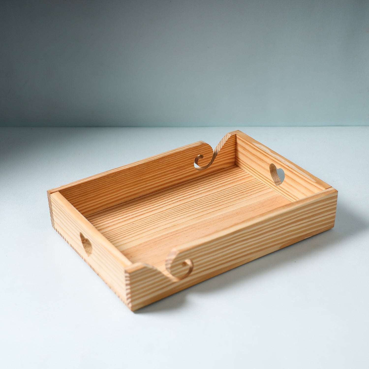 Beige - Hand Carved Natural Pine Wooden Tray (12 x 8 in)