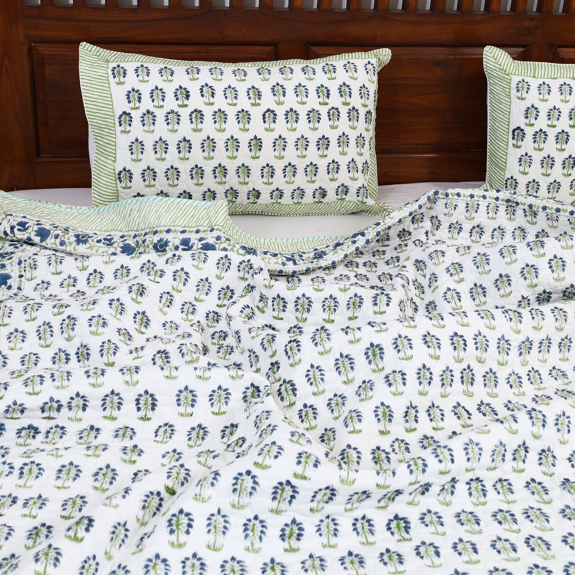 Blue - Double - Reversible Sanganeri Block Print Cotton Quilt Set 13